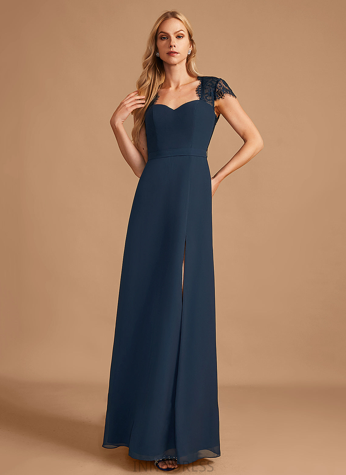 SplitFront A-Line Fabric Embellishment Silhouette Floor-Length V-neck Length Lace Neckline Christine Sleeveless