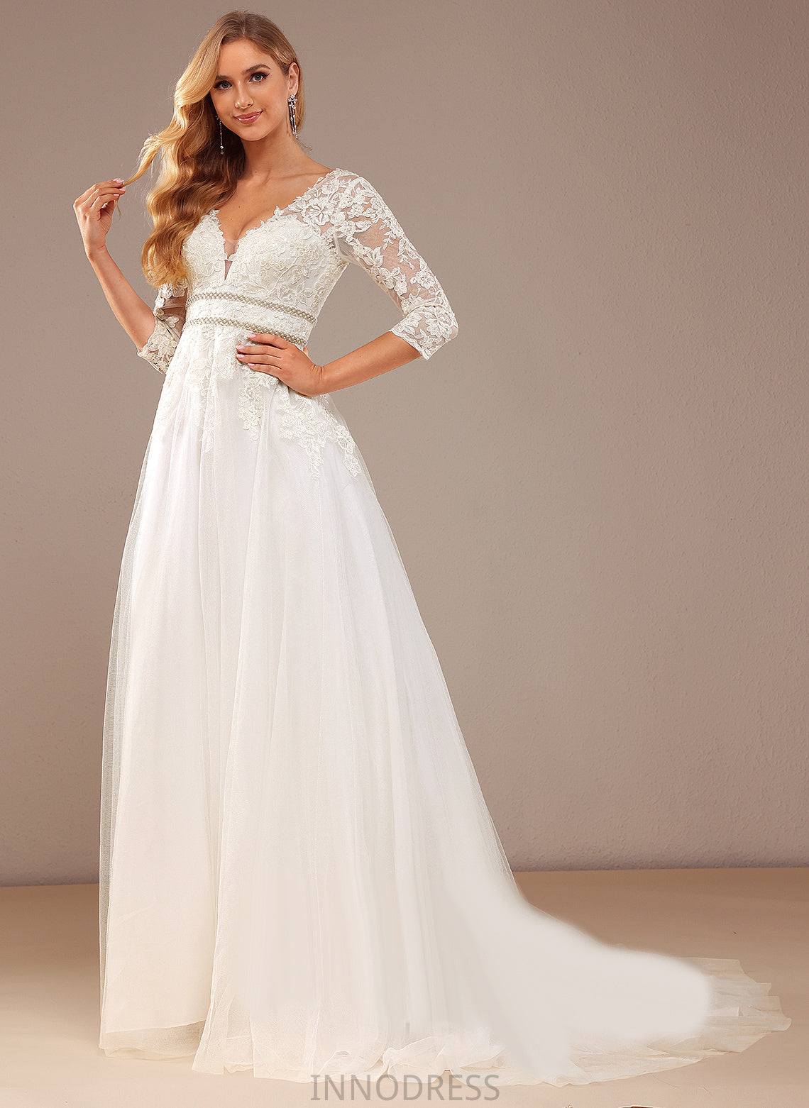 Dress Ball-Gown/Princess With Sequins Valerie Lace Tulle V-neck Beading Train Wedding Wedding Dresses Lace Court