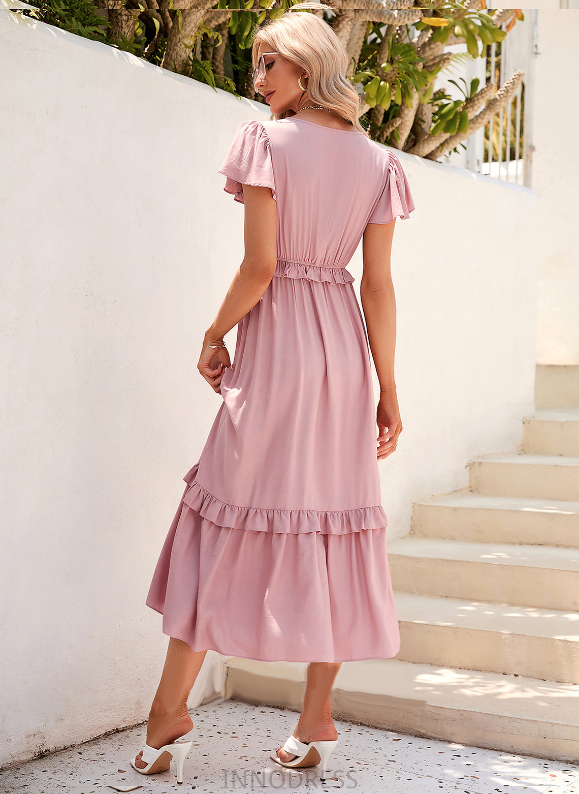 Fabric Length V-neck Polyester Tea-Length Neckline Straps Silhouette A-Line Perla A-Line/Princess Short Sleeves Bridesmaid Dresses