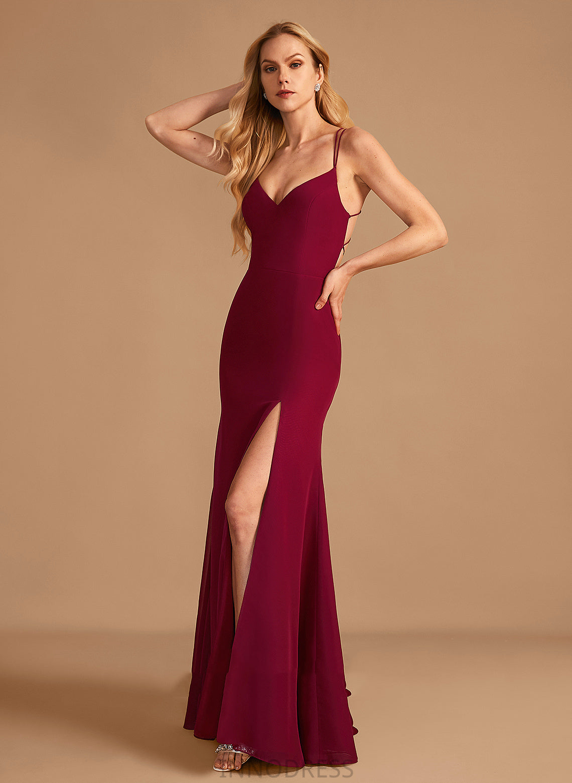 Length SplitFront V-neck Silhouette Embellishment Fabric Trumpet/Mermaid Floor-Length Neckline Simone Scoop Sleeveless Bridesmaid Dresses