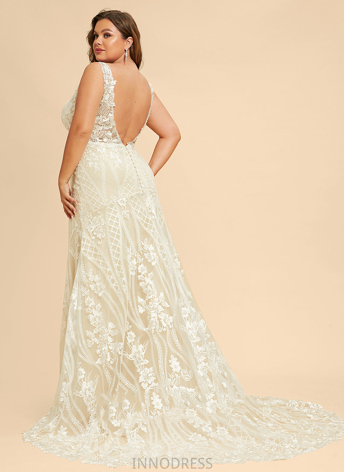 Neveah Wedding Chapel Trumpet/Mermaid Dress Train V-neck Lace Tulle Wedding Dresses