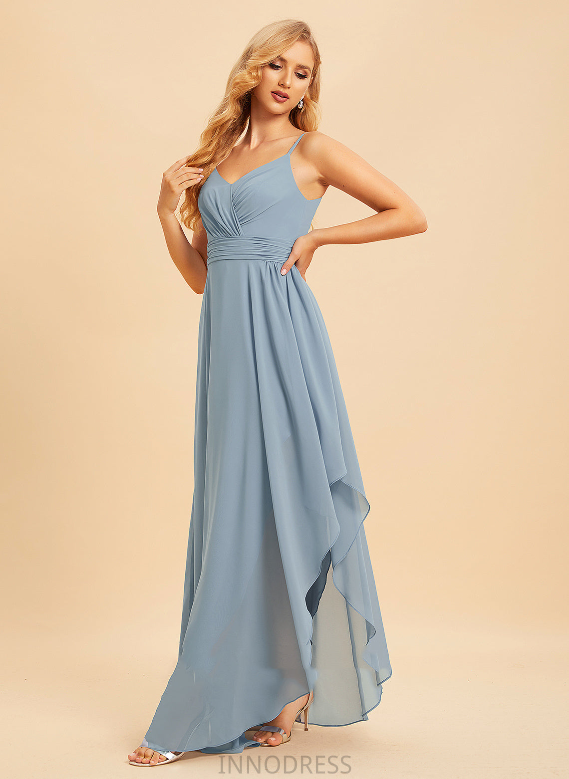 A-Line Ruffle Fabric Silhouette V-neck Length Neckline Embellishment Asymmetrical Renee A-Line/Princess Floor Length Bridesmaid Dresses