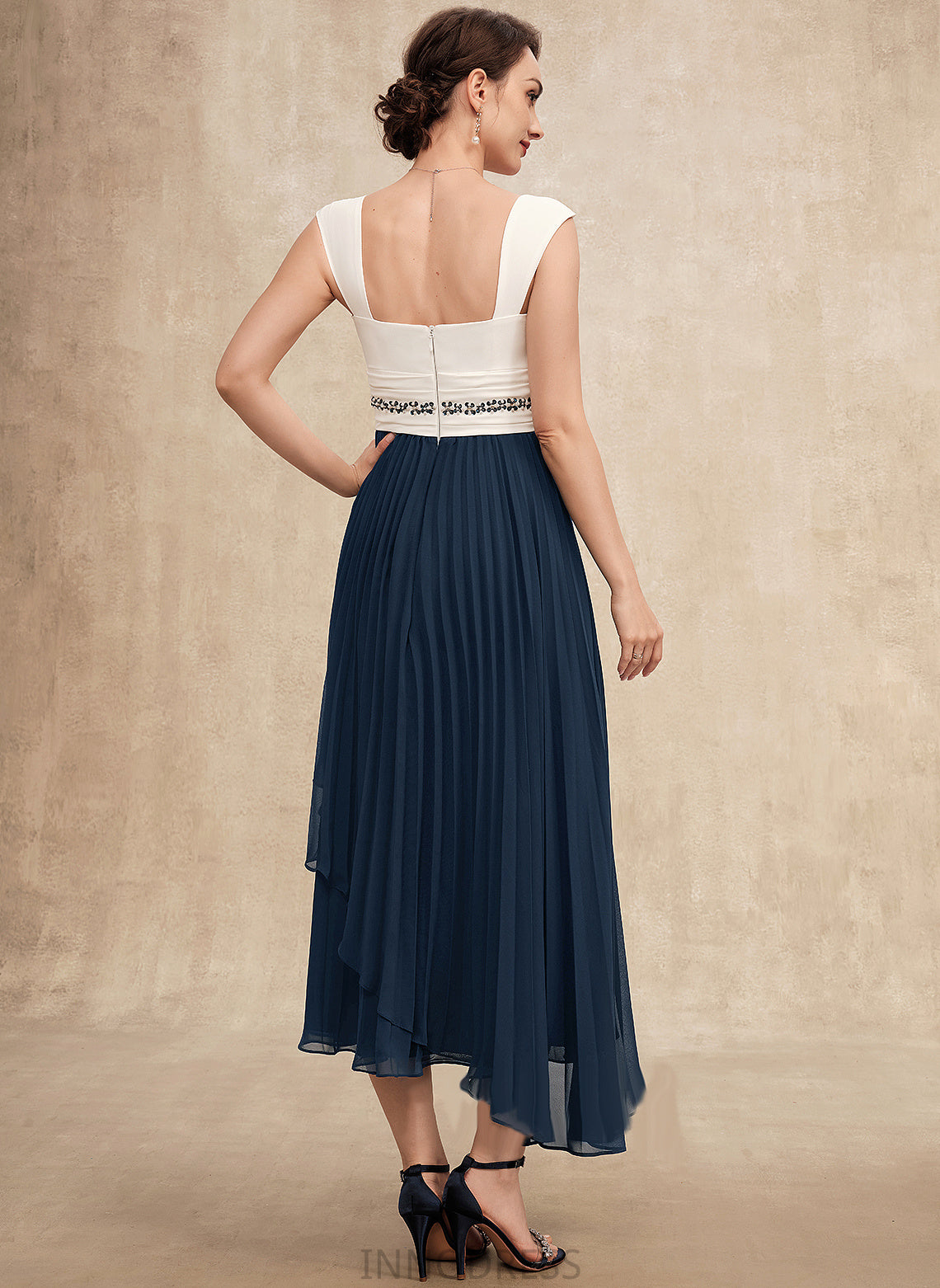 Pleated A-Line of With Beading the Dress Magdalena Square Chiffon Sequins Neckline Mother of the Bride Dresses Mother Tea-Length Bride