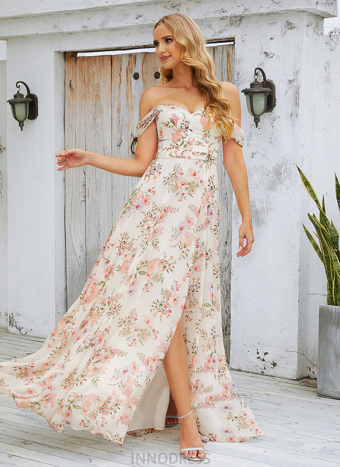 SplitFront Embellishment Floor-Length A-Line Neckline Fabric Off-the-Shoulder Length Silhouette Macey A-Line/Princess Sleeveless Bridesmaid Dresses