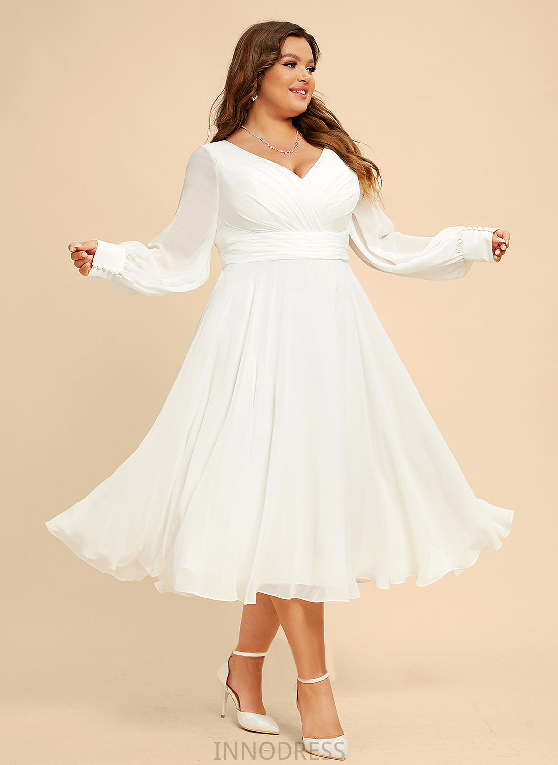 Mila Tea-Length Wedding Dresses Chiffon Dress V-neck A-Line Wedding