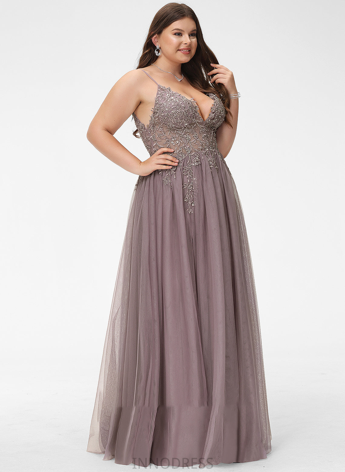 With Floor-Length Marilyn Split Prom Dresses Lace V-neck Ball-Gown/Princess Front Sequins Tulle Beading