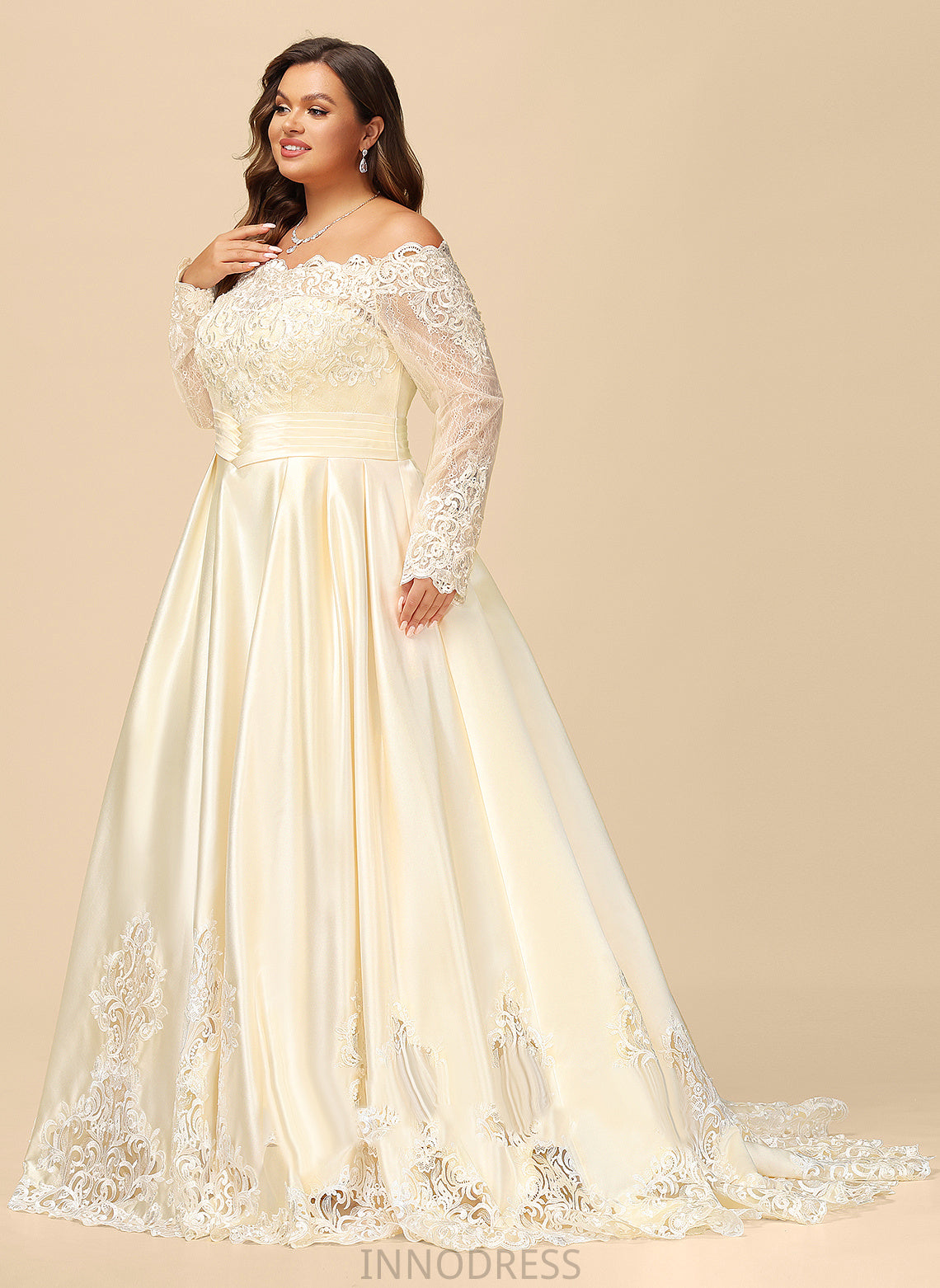 Ball-Gown/Princess Sequins Satin Train Evelyn Off-the-Shoulder With Lace Wedding Beading Sweep Dress Wedding Dresses