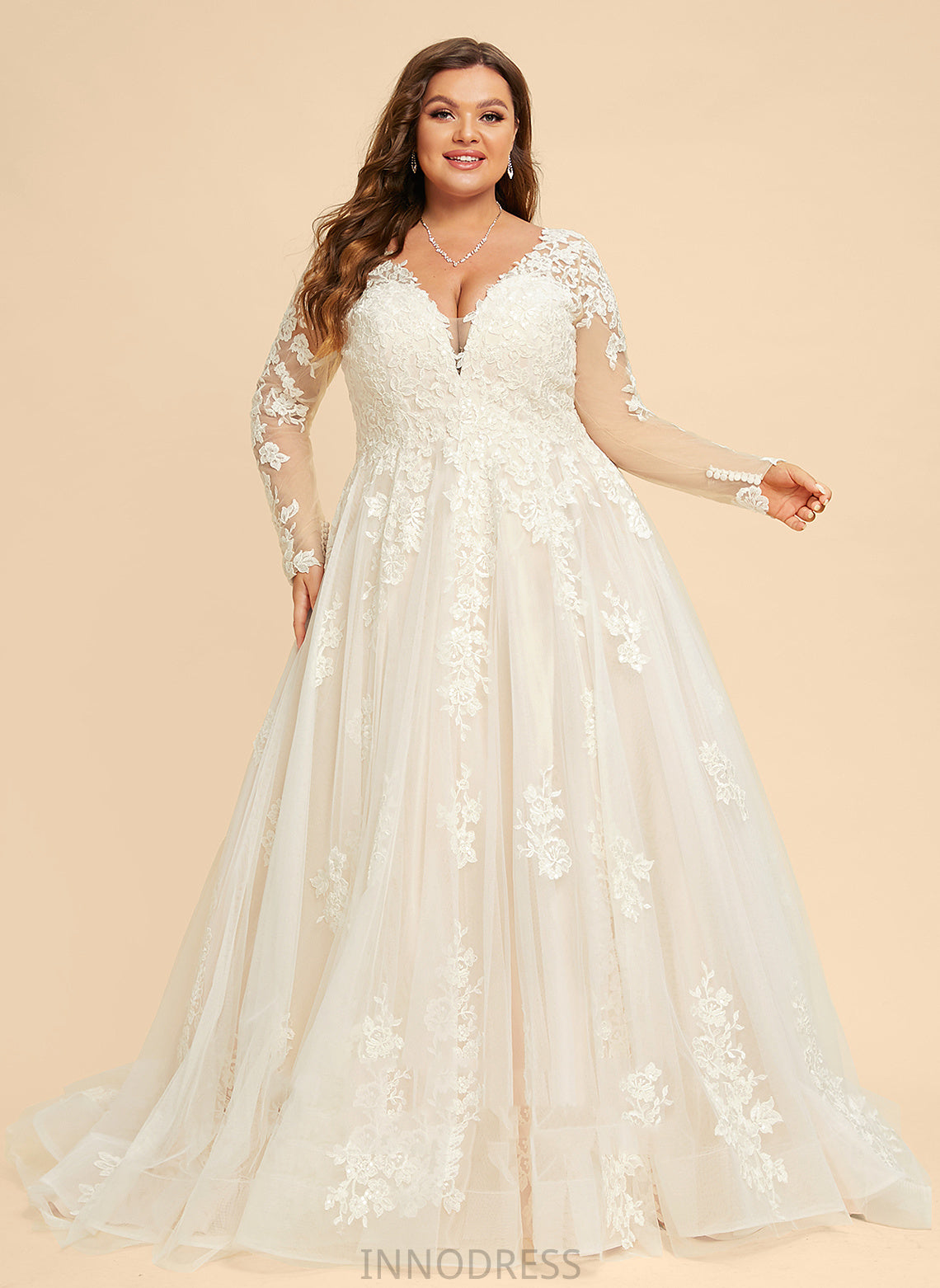 Maribel Court Dress Lace V-neck Wedding Wedding Dresses Tulle Ball-Gown/Princess Train