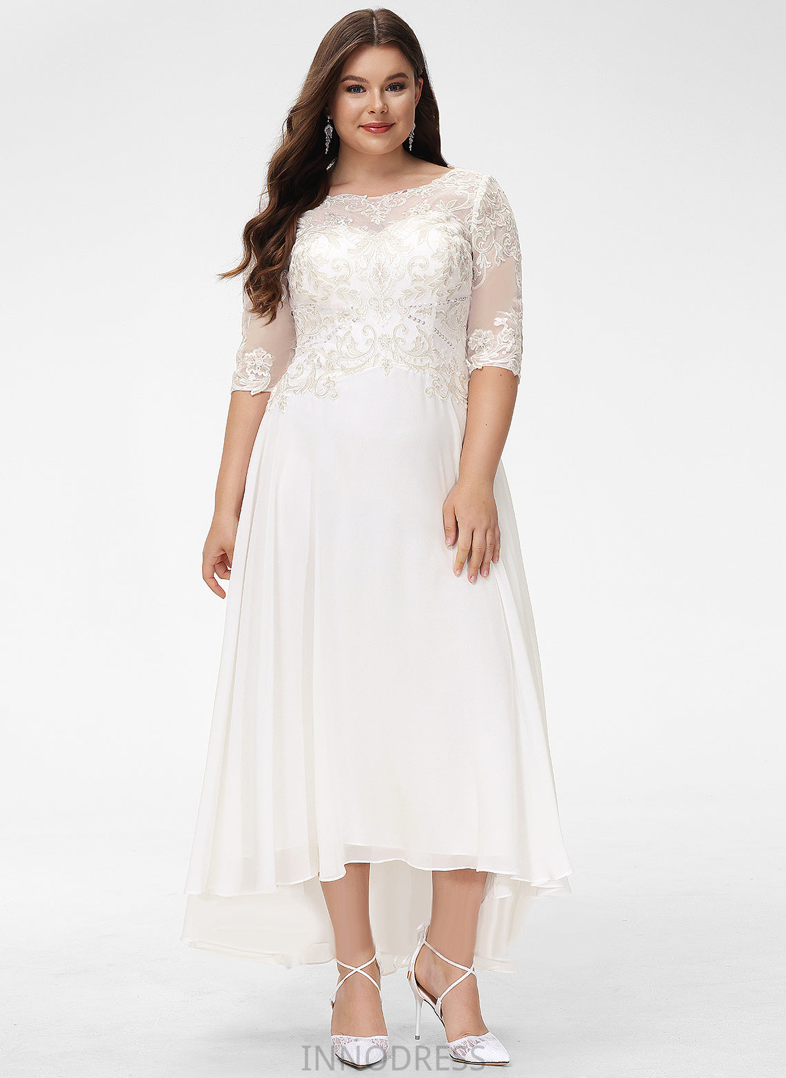 Lace With Sequins A-Line Asymmetrical Wedding Dresses Beading Wedding Dress Neck Scoop Chiffon Felicity