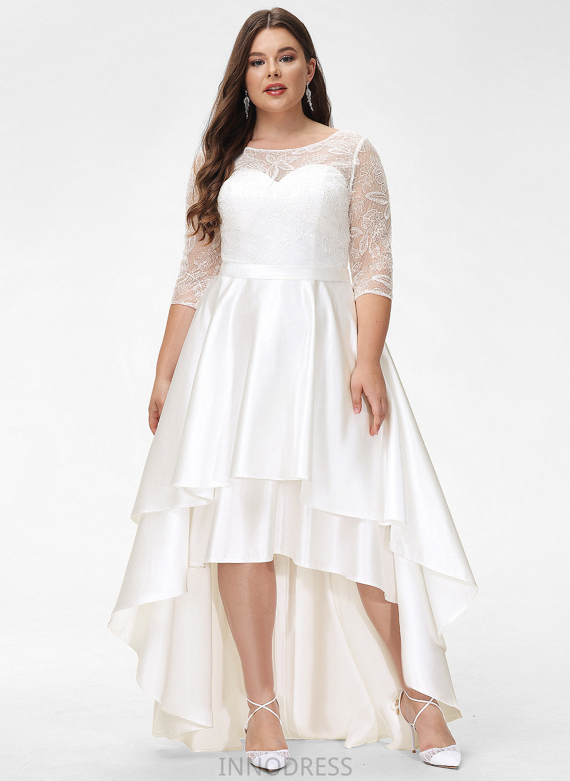 Joanna Wedding Scoop Asymmetrical Dress Satin Lace Wedding Dresses A-Line