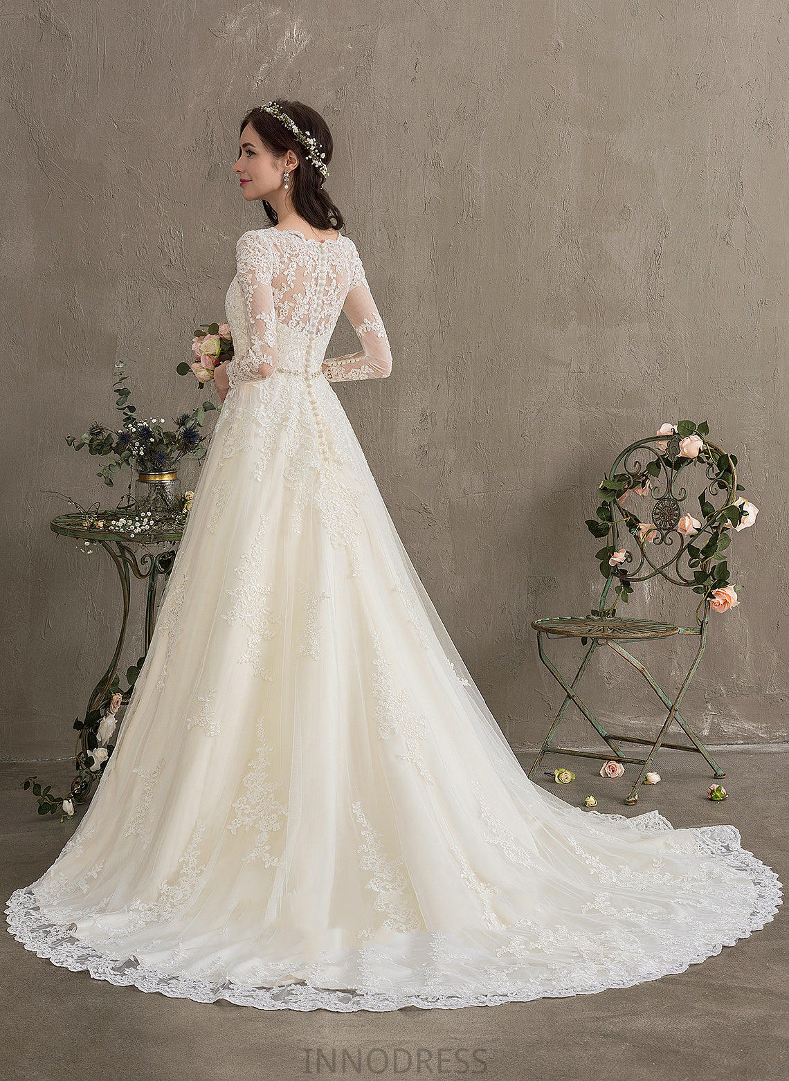 Train Wedding Dress Chapel Ball-Gown/Princess Sequins Tulle Wedding Dresses Lace V-neck Jaslene Beading With