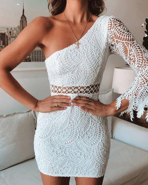 One Shoulder Mini Homecoming Dresses Kaylah Lace Dress White 10066