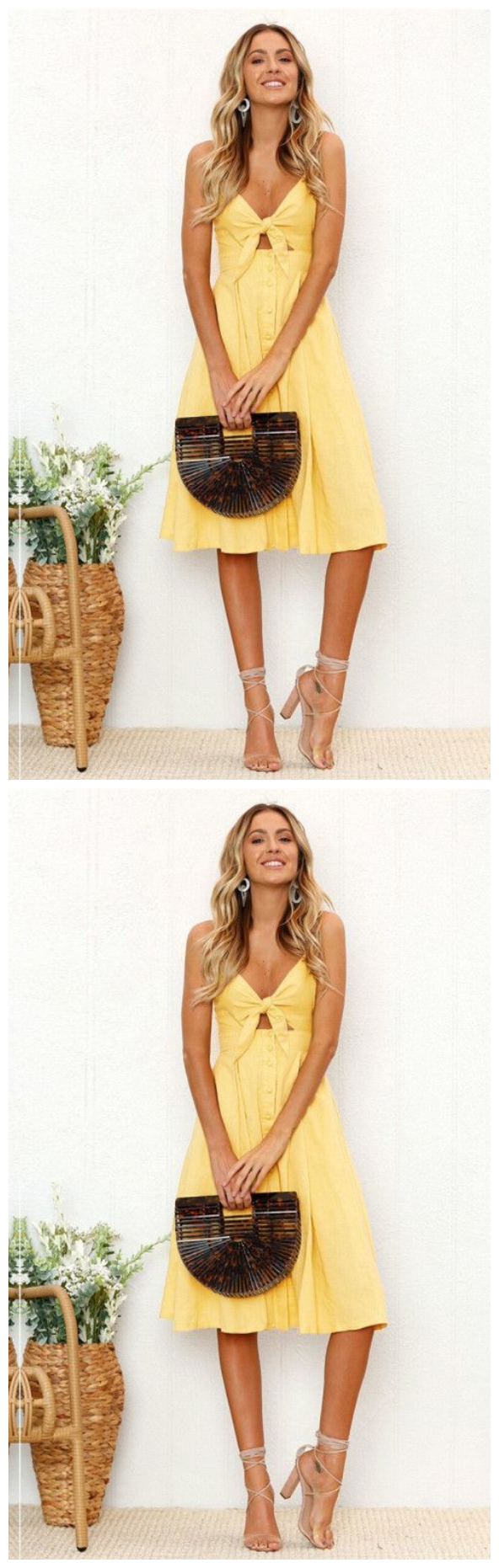 Cute Straps Yellow Tie Front Dress Back Laurel Homecoming Dresses To School Dress Short 10080