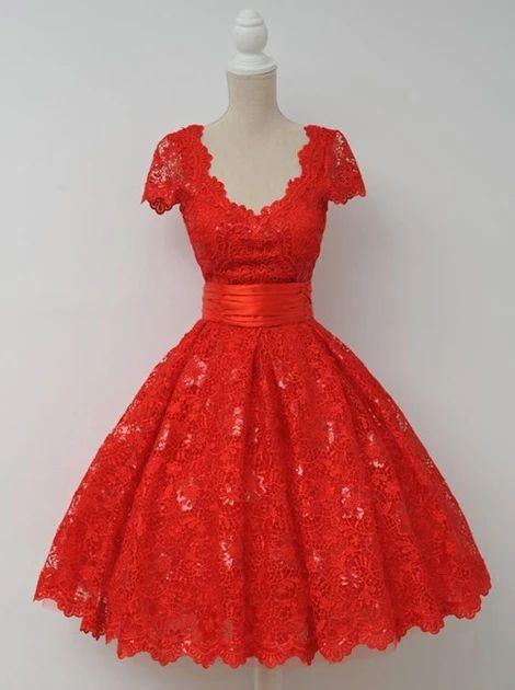Vintage V-Neck Cap Sleeves Knee-Length Backless Red Lace Homecoming Dresses Tamara 10365