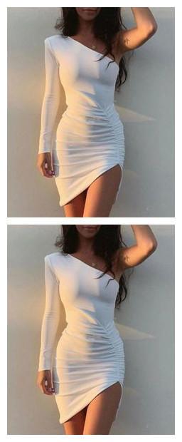 One Shoulder White Homecoming Dresses Yvonne Long Sleeve 10904