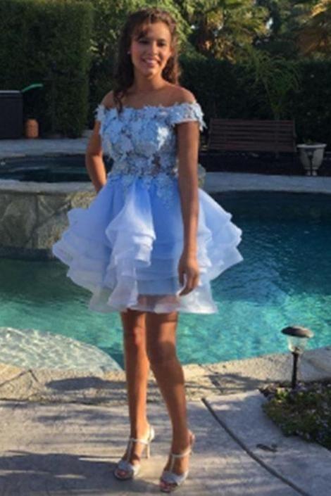 Off The Shoulder Homecoming Dresses Tori Tulle Light Blue Tiered Tulle With Appliques 10939