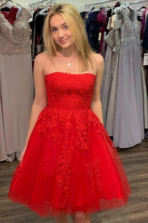 Strapless Red Appliques Kathleen Homecoming Dresses Lace Short 10959