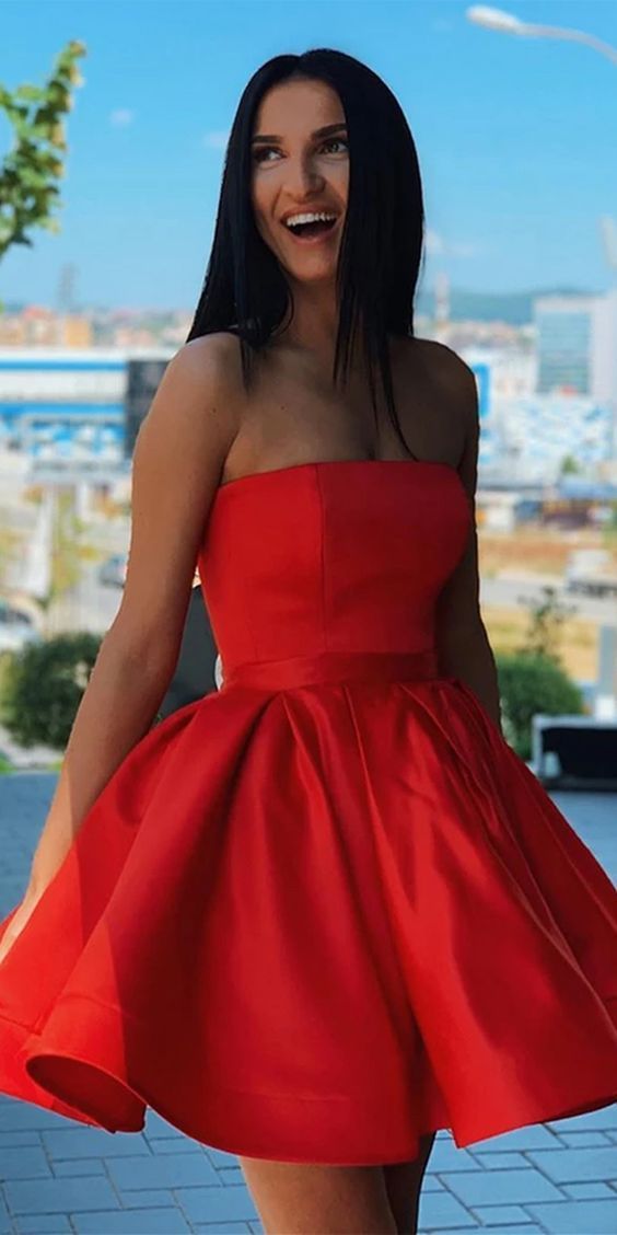 Simple Red Strapless Satin Amani Homecoming Dresses Short Formal 11564