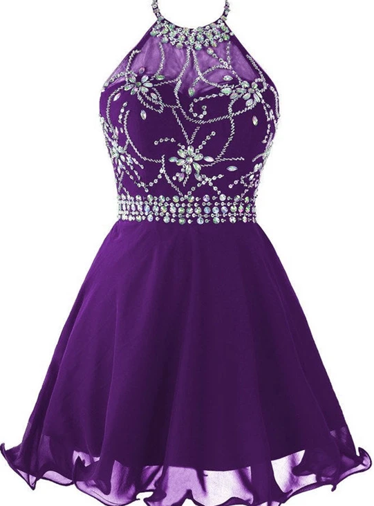 Beautiful Purple Chiffon Gretchen Homecoming Dresses Halter Beaded Knee Length Party Dress 11704