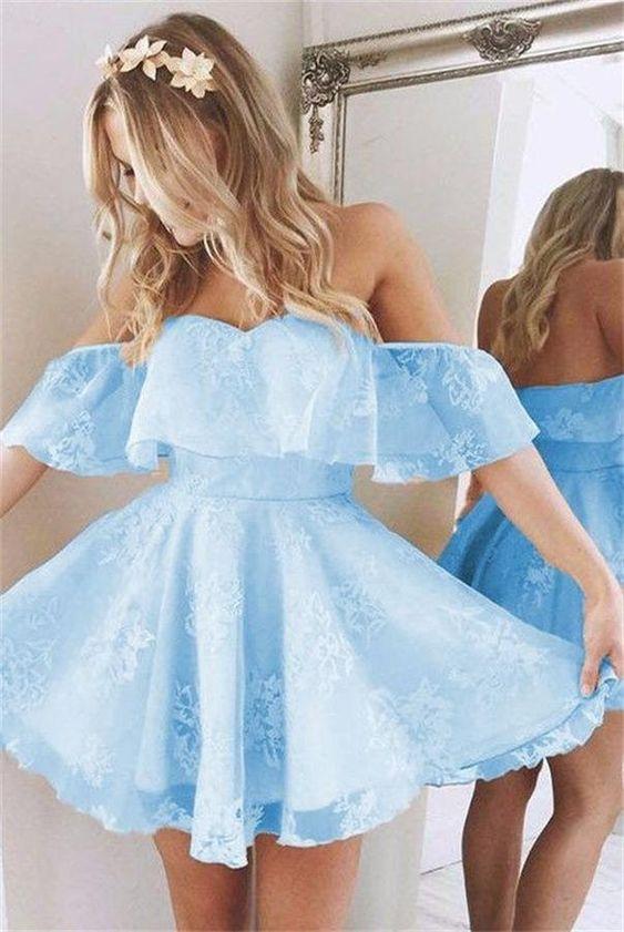 Short Sweetheart A Line Shelby Homecoming Dresses Ruffles Shoulder 11887
