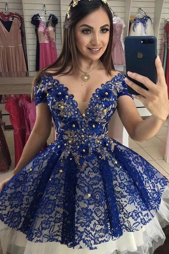 Cute Cap Homecoming Dresses Bria Lace Royal Blue Sleeves Sweet 16 Dress With Beaded 11972