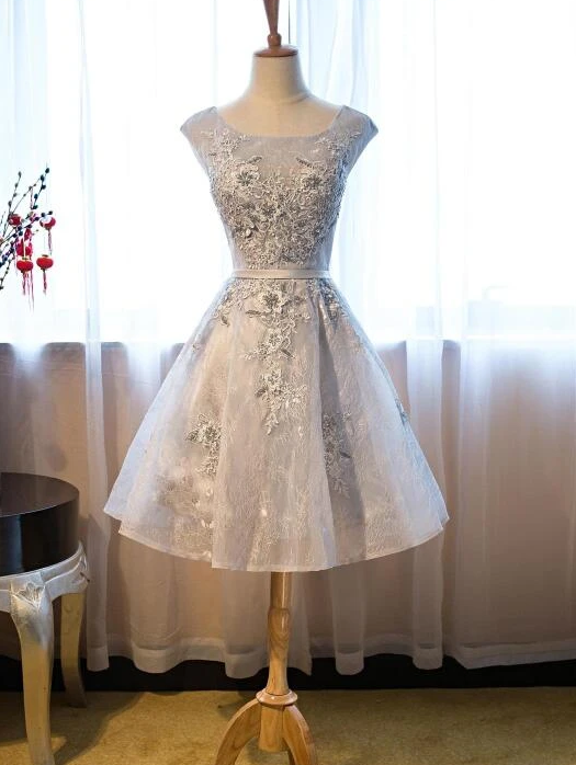 Carlee Lace Homecoming Dresses Light Grey Short With Applique 12024