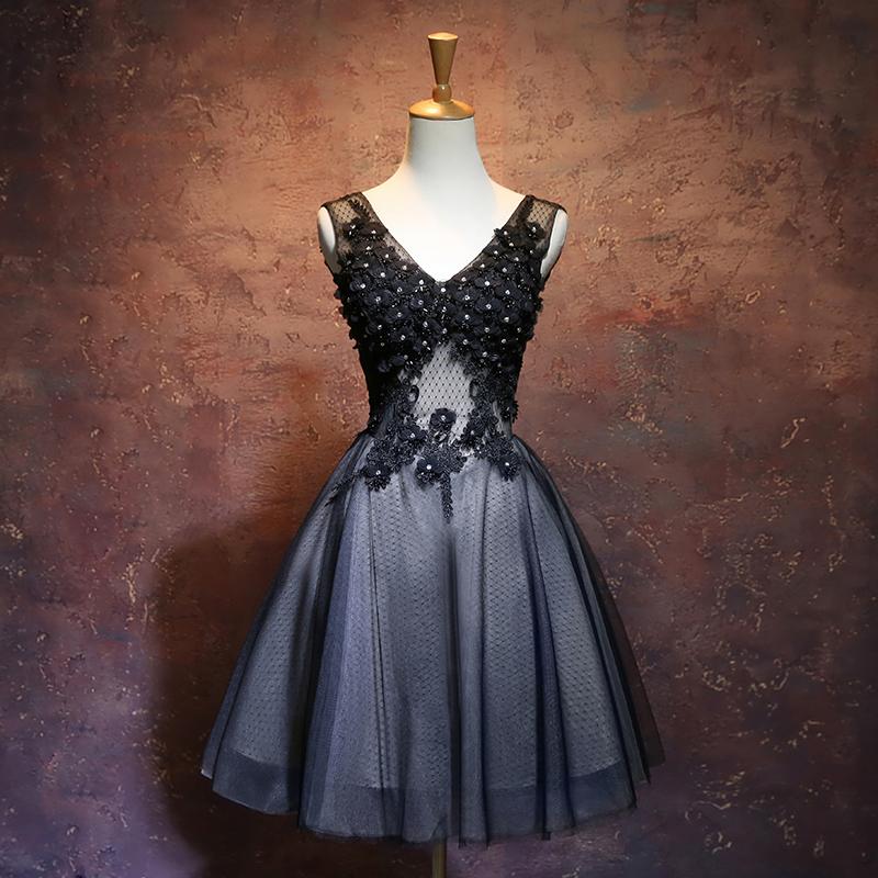 Black V-Neckline Tulle With Applique Lace Homecoming Dresses Fernanda Party Dress Black 12066