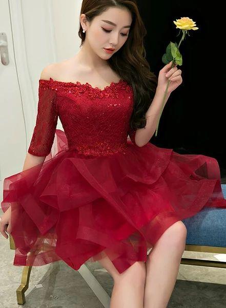 Homecoming Dresses Juliana Charming Wine Red Short Sleeves Tulle Layer Party Dress 12260
