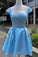 Short A-Line Light Sky Blue With Cap Sleeves Homecoming Dresses Pat Satin 12341