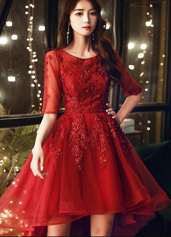 Dark Homecoming Dresses Alison Red High Low Tulle Short Sleeves Flowers Party Dress 12691
