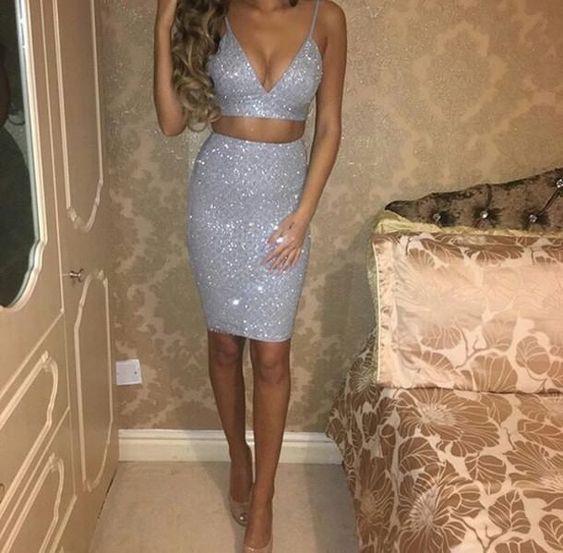 Silver Sparkly Two Pieces Homecoming Dresses Miranda Elegant 1277