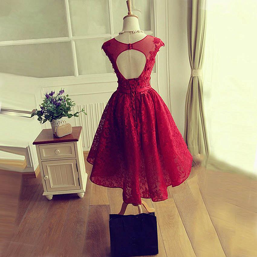 Fashionable Wine Red High Low Party Dress Libby Lace Homecoming Dresses 12803