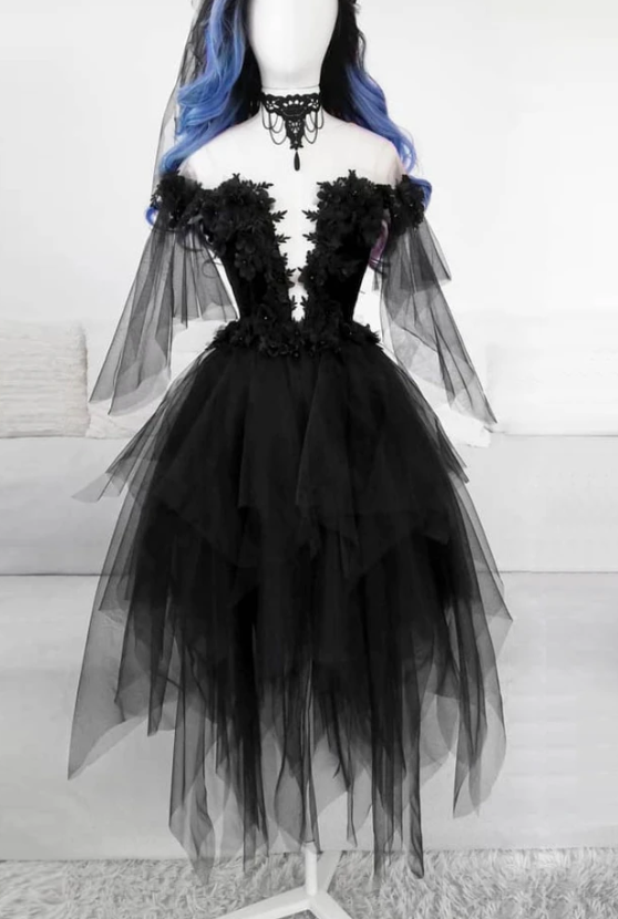 Violet Homecoming Dresses BLACK ROUND NECK TULLE LACE SHORT DRESS BLACK EVENING DRESS 12838
