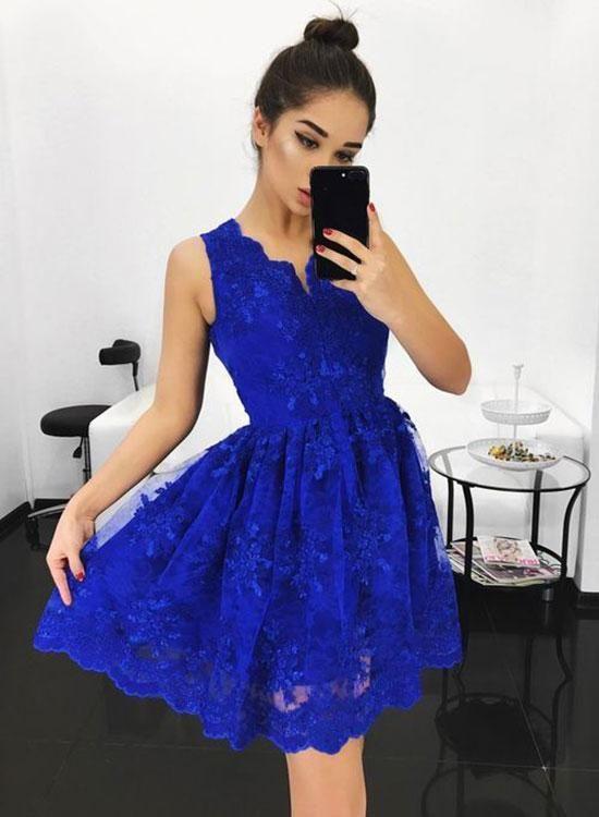 A-Line V-Neck Above-Knee With Appliques Jaiden Homecoming Dresses Royal Blue 12897