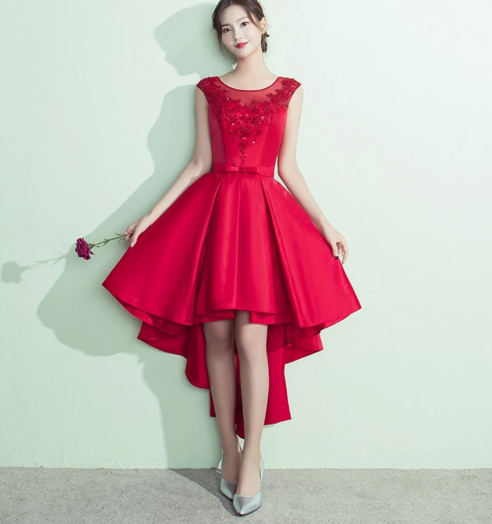 Lovely High Low Round Neckline Party Dress Red Satin Homecoming Dresses Larissa 13074