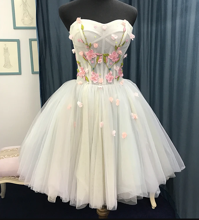 Beautiful Light Blue Short Sweetheart Tulle Flowers Party Homecoming Dresses Parker Dress 13077
