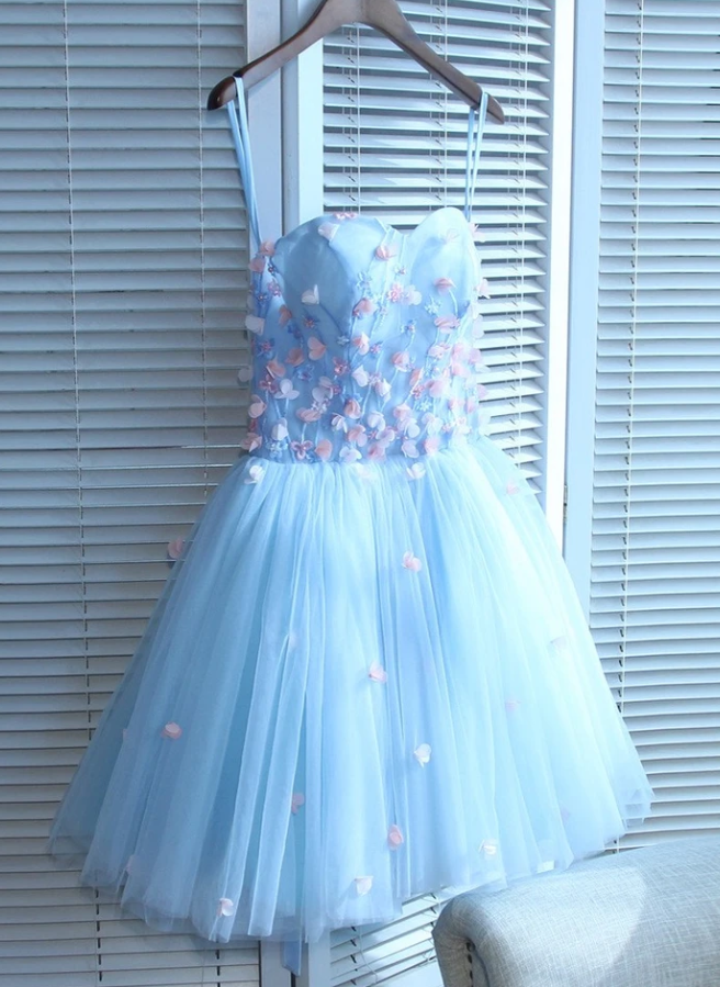Light Blue Sweetheart Short Handmade Party Homecoming Dresses Marian Dress Blue Flowers 13080