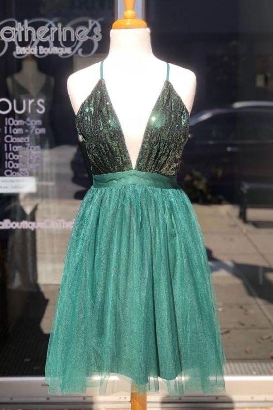 Elisa Homecoming Dresses Hunter Green Sequins And Tulle Short 13155