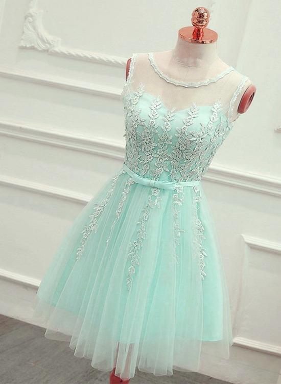 Cute Mint Green Tulle Short Lace Homecoming Dresses Genesis Party Dress With Applique 13175