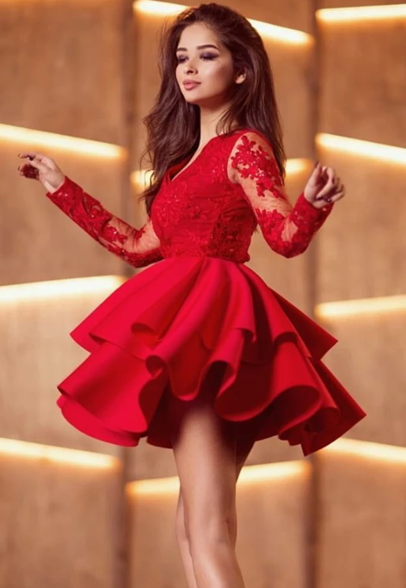 Long Sleeves Red Formal Graduation Lace Homecoming Dresses Setlla 13224