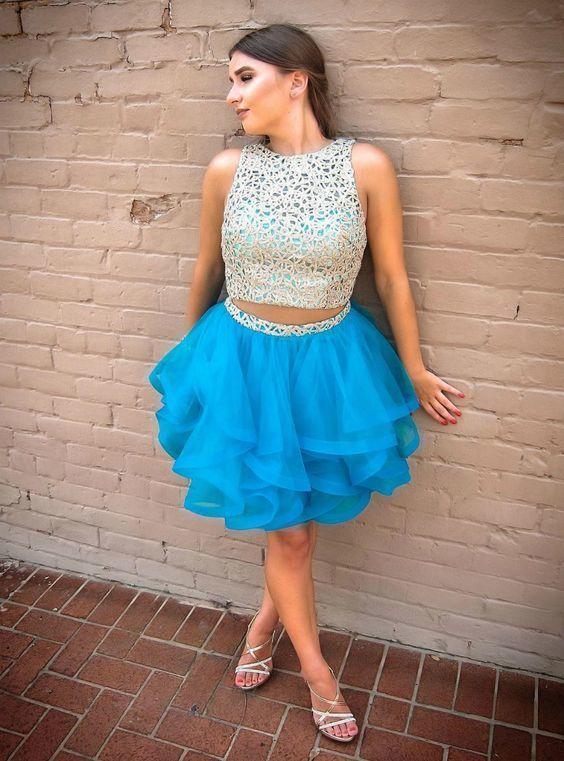 Two Piece Short Blue Homecoming Dresses Lace Haleigh Tulle 13481