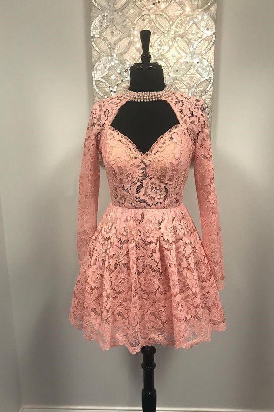 Sweetheart Long Sleeves Short Laura Homecoming Dresses Lace Pink 14021