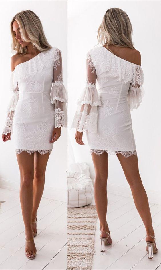 Sheath One Shoulder Long Sleeves White With Ruffles Homecoming Dresses Salome Lace 1452