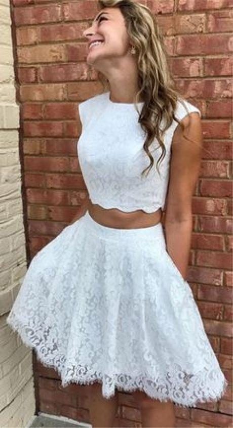 Two Piece Crew Above-Knee White With Danna Lace Homecoming Dresses Pockets 1464