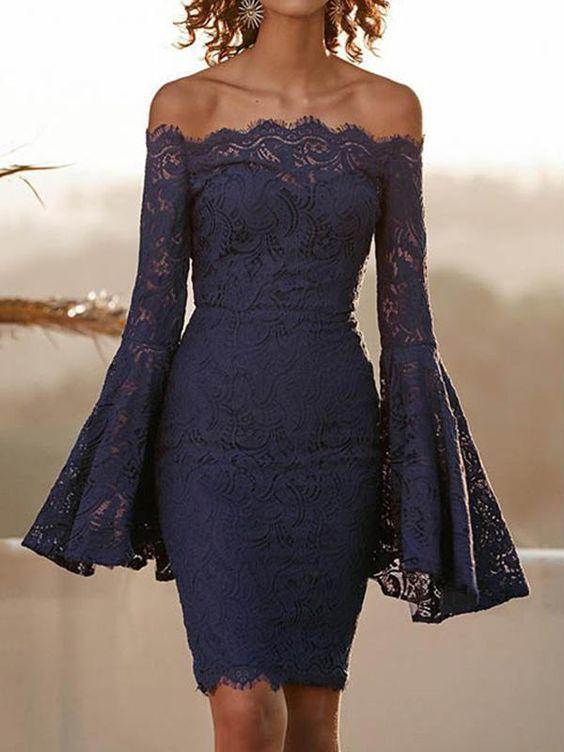 Kaitlin Lace Homecoming Dresses Sexy Flared Sleeves Bodycon Off-The-Shoulder Midi Dress 15506
