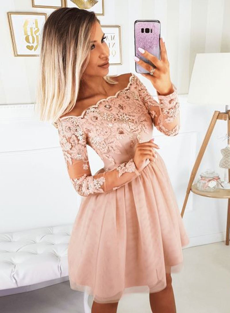Pink Lace India Homecoming Dresses Tulle Short Dress 1559