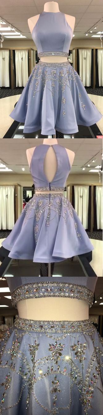 Two Piece Round Neck Short Light Sky Blue Valerie Homecoming Dresses Beaded Cheap 16