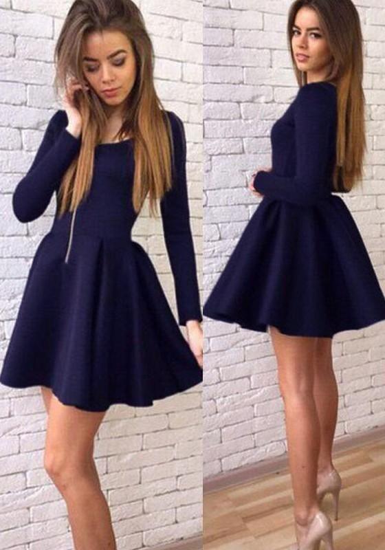 Lea Homecoming Dresses Cheap Navy Blue Long Sleeves Modest Mini Short 1672