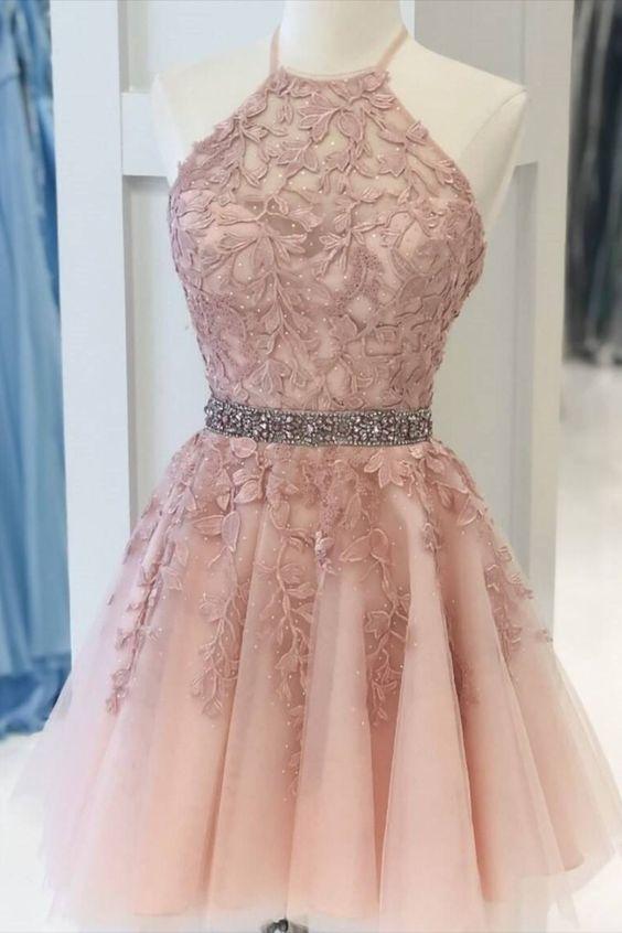 Halter Appliqued With Amara Homecoming Dresses Pink Beading Belt 16763