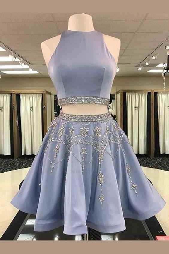 Two Piece Round Neck Short Light Sky Blue Valerie Homecoming Dresses Beaded Cheap 16